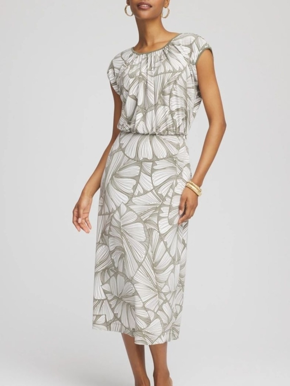 Chico's Olive and White Travelers Floral Maxi Dress Size 3 (22/24)